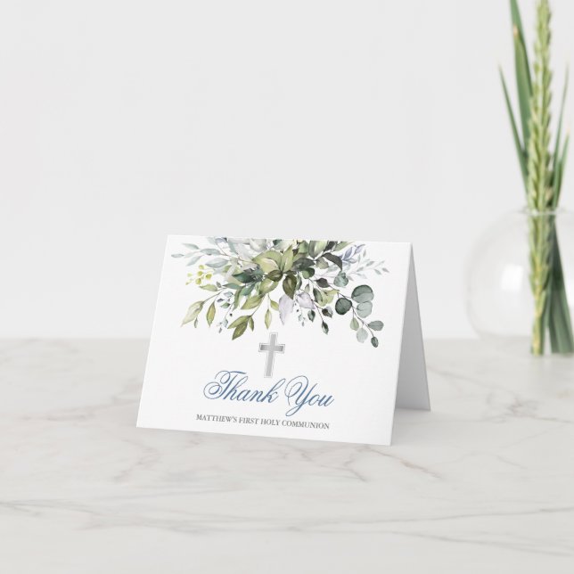 Watercolor Greenery Dusty Blue Communion Note Thank You Card (Front)