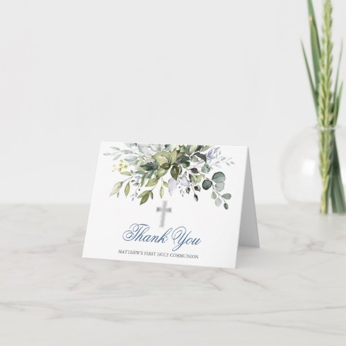 Watercolor Greenery Dusty Blue Communion Note Thank You Card