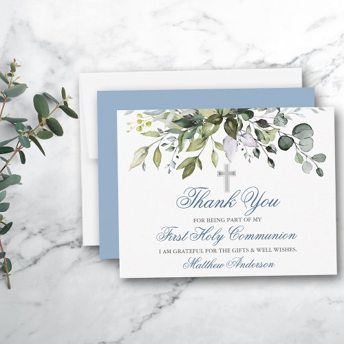 Watercolor Greenery Dusty Blue Communion Thank You Card