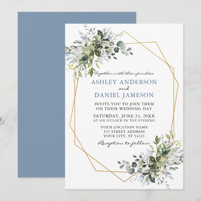 Watercolor Greenery Dusty Blue Geo Frame Wedding Invitation (Front/Back)