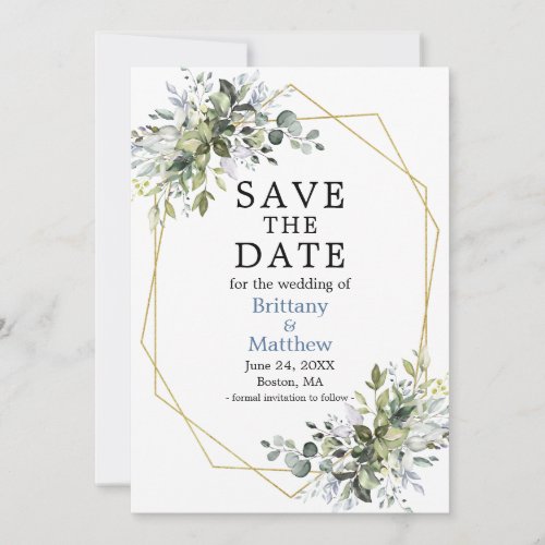 Watercolor Greenery Dusty Blue Geometric Frame Save The Date