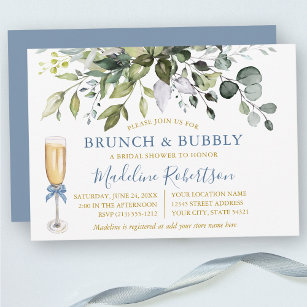 Watercolor Greenery Dusty Blue Gold Bridal Brunch Invitation