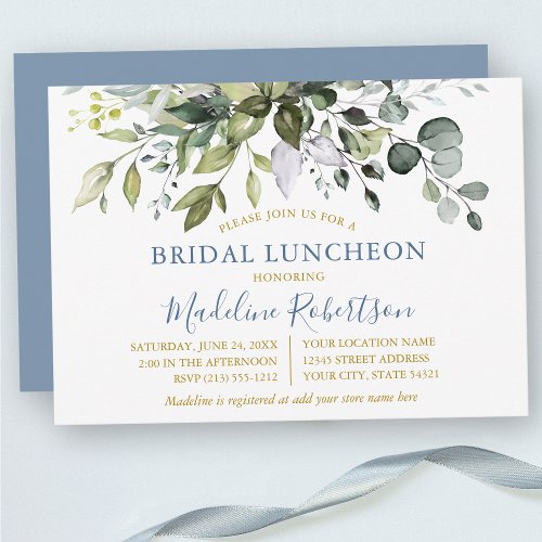 Watercolor Greenery Dusty Blue Gold Bridal Lunch Invitation
