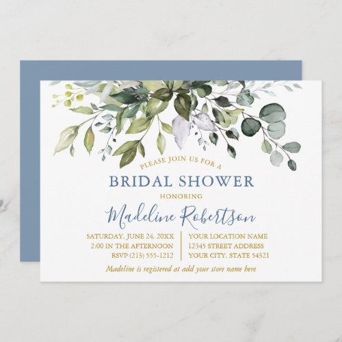 Watercolor Greenery Dusty Blue Gold Bridal Shower Invitation