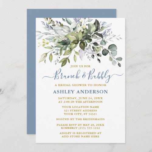Watercolor Greenery Dusty Blue Gold Bridal Shower Invitation