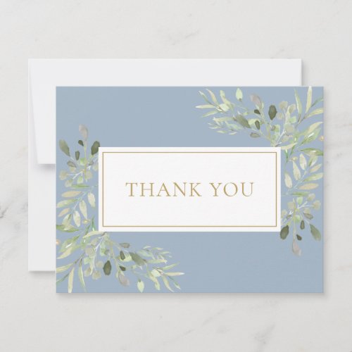 Watercolor Greenery Dusty Blue Gold Business Thank You Card