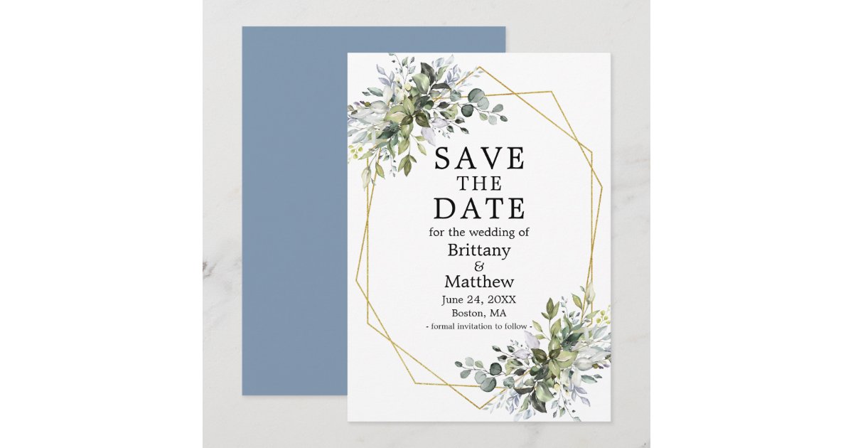 Watercolor Greenery Dusty Blue Gold Geo Frame Save The Date | Zazzle