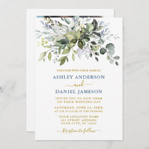 Watercolor Greenery Dusty Blue Gold Photo Wedding Invitation