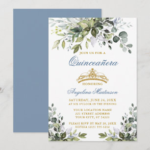 Watercolor Greenery Dusty Blue Gold Quinceañera Invitation
