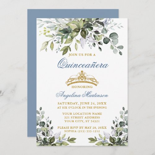 Watercolor Greenery Dusty Blue Gold Quinceaera Invitation