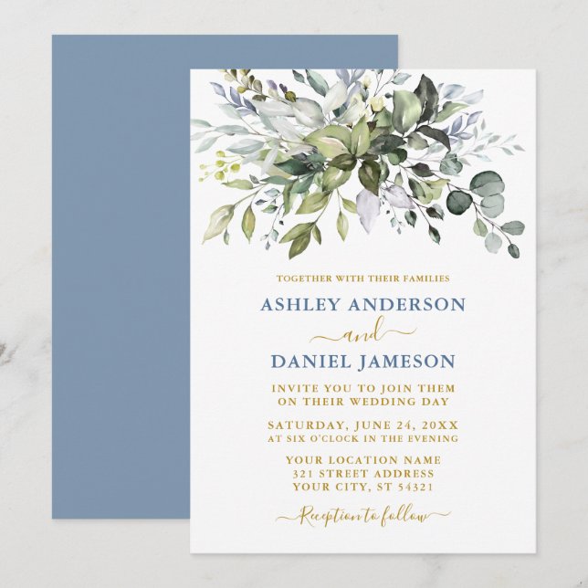 Watercolor Greenery Dusty Blue Gold Wedding Invitation (Front/Back)