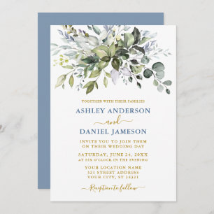 Watercolor Greenery Dusty Blue Gold Wedding Invitation