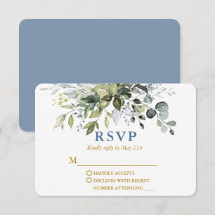 Watercolor Greenery Dusty Blue Gold Wedding RSVP Card