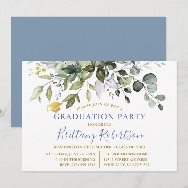 Watercolor Greenery Dusty Blue Graduation Party Invitation (Front/Back)
