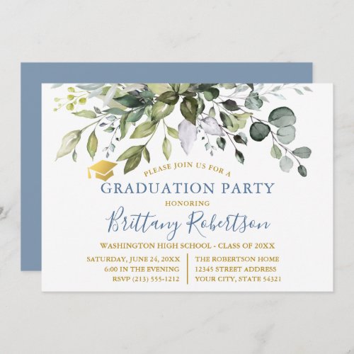 Watercolor Greenery Dusty Blue Graduation Party Invitation