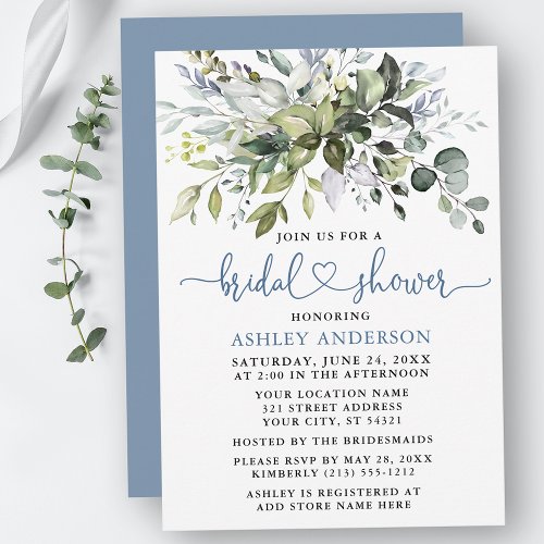 Watercolor Greenery Dusty Blue Heart Bridal Shower Invitation