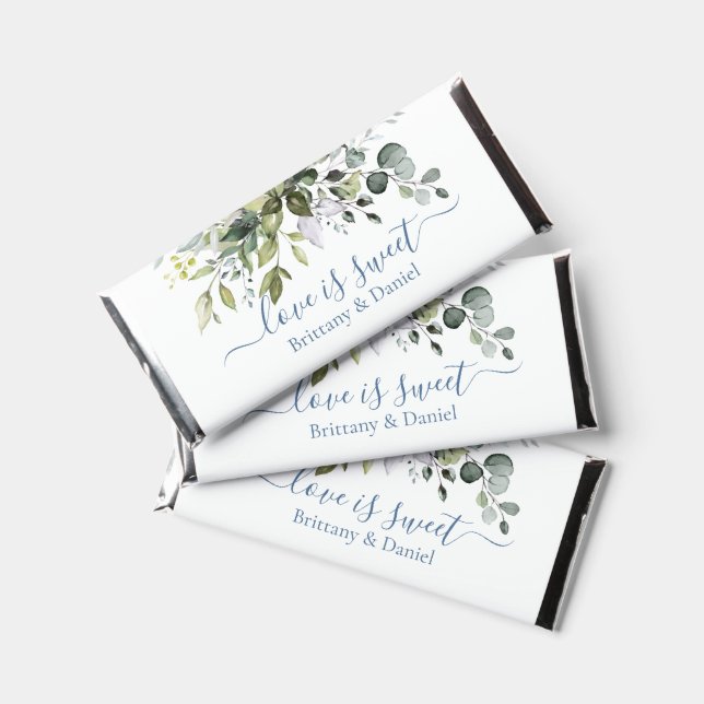Watercolor Greenery Dusty Blue Love Is Sweet Hershey Bar Favors (Front)