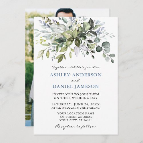 Watercolor Greenery Dusty Blue Photo Back Wedding Invitation