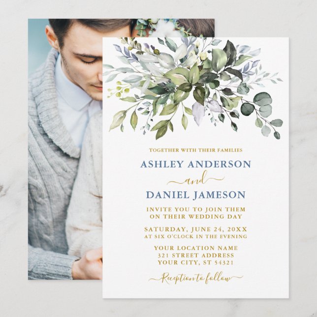 Watercolor Greenery Dusty Blue Photo Gold Wedding Invitation (Front/Back)