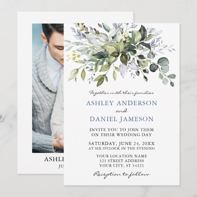 Watercolor Greenery Dusty Blue Photo Wedding Invitation (Front/Back)