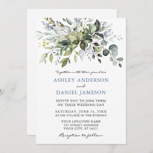 Watercolor Greenery Dusty Blue Photo Wedding Invitation