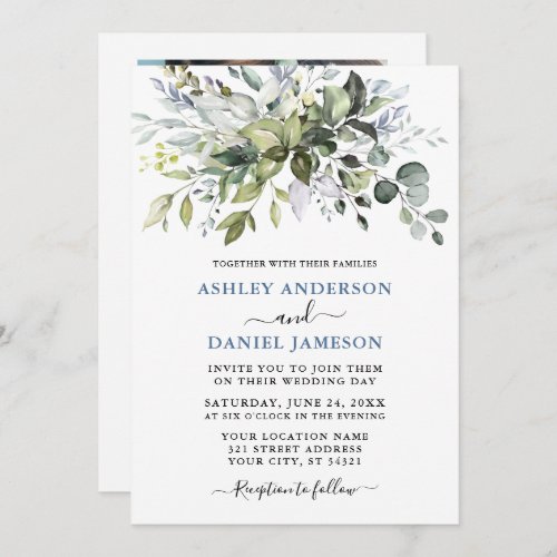 Watercolor Greenery Dusty Blue Photo Wedding Invitation