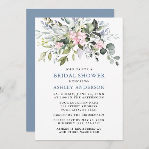 Watercolor Greenery Dusty Blue Pink Bridal Shower Invitation