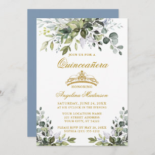 Watercolor Greenery Dusty Blue Quinceañera Gold Invitation