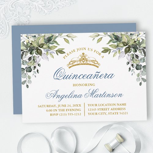 Watercolor Greenery Dusty Blue Quinceanera Party Invitation