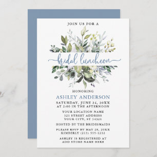 Watercolor Greenery Dusty Blue Script Luncheon Invitation