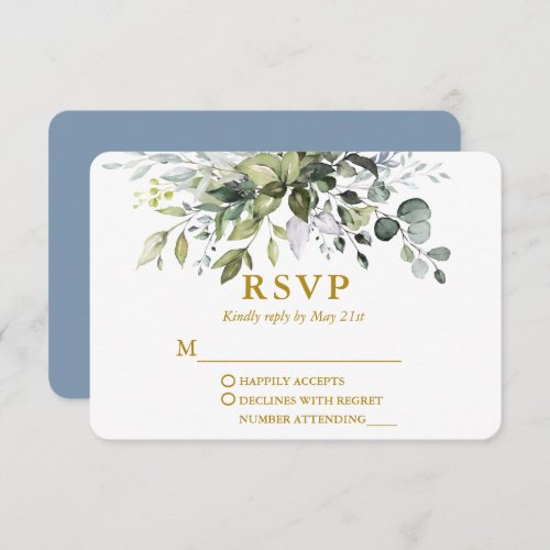 Watercolor Greenery Dusty Blue Wedding Gold RSVP Card