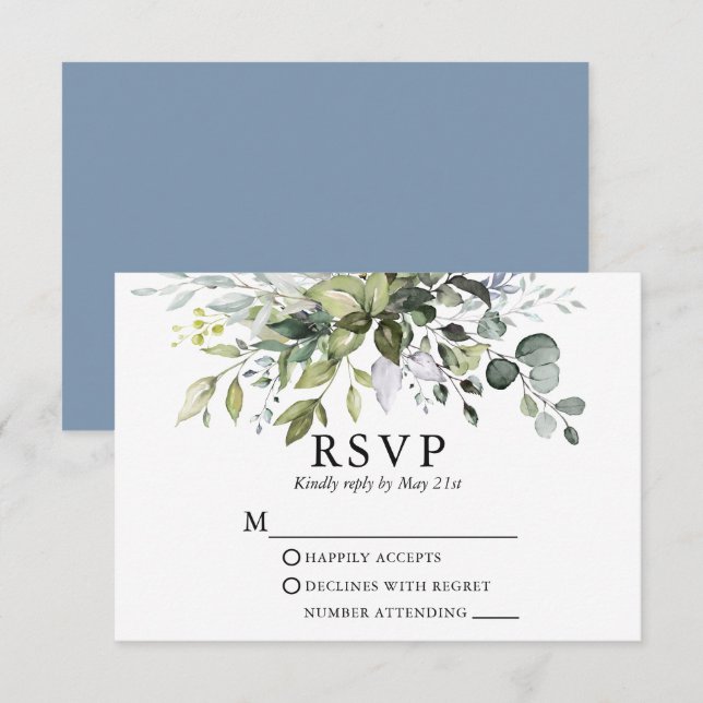 Watercolor Greenery Dusty Blue Wedding RSVP Card (Front/Back)