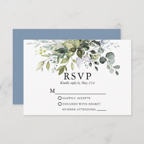 Watercolor Greenery Dusty Blue Wedding RSVP Card