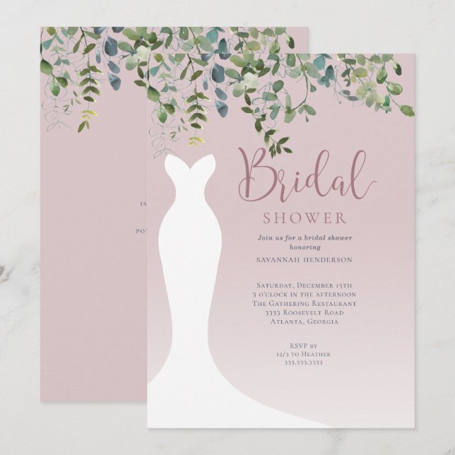 Watercolor Greenery Dusty Pink Bridal Shower Invitation (Front/Back)