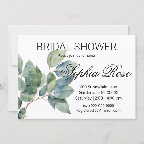 Watercolor greenery elegant Bridal shower Invitation