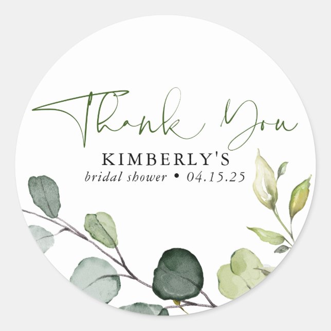 Watercolor Greenery Elegant Calligraphy Thank You Classic Round Sticker (Front)