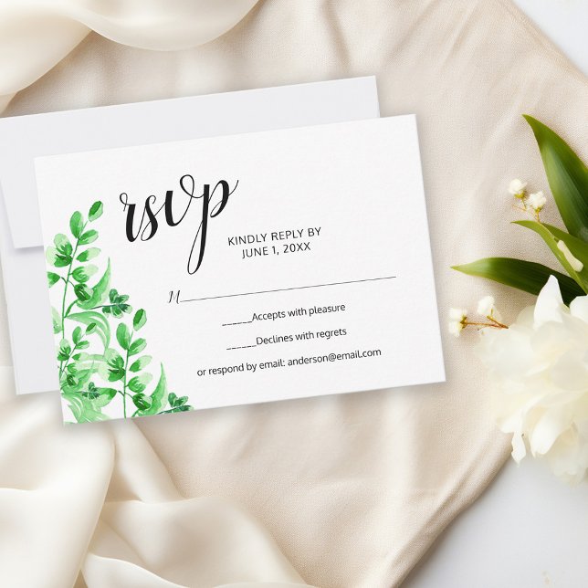 Watercolor Greenery Elegant Calligraphy Wedding RSVP Card (Creator Uploaded)
