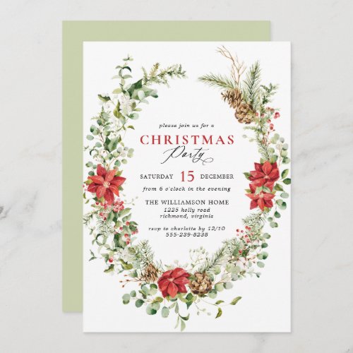 Watercolor Greenery Elegant Floral Christmas Party Invitation