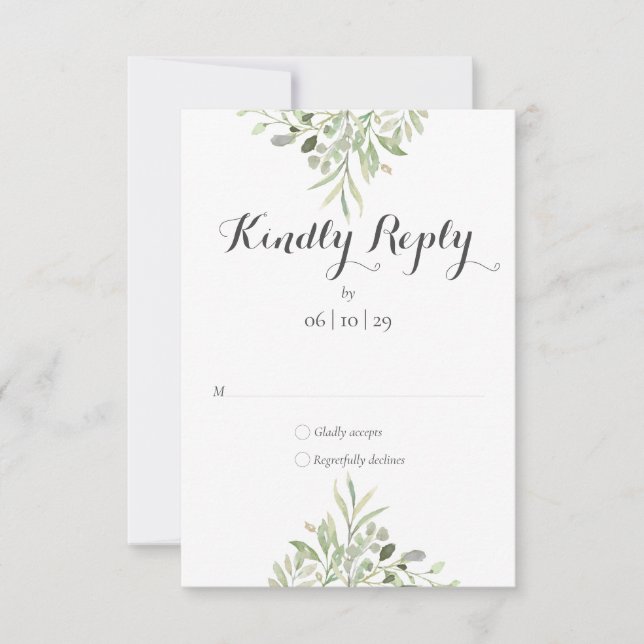 Watercolor Greenery Elegant Script Wedding RSVP Card (Front)
