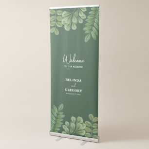 Watercolor Greenery Emerald Green Wedding Welcome Retractable Banner