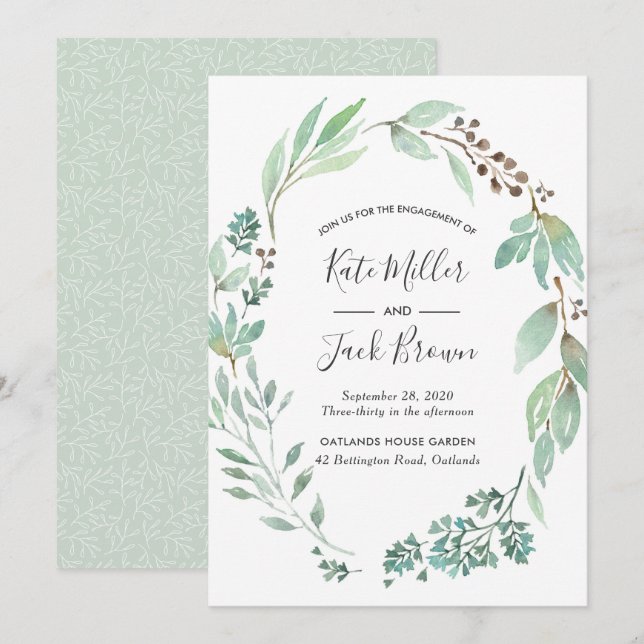 Watercolor Greenery Engagement Party invitation (Front/Back)