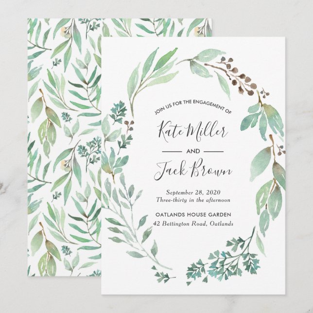Watercolor Greenery Engagement Party invitation (Front/Back)