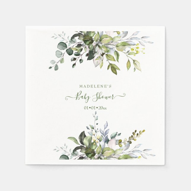 Watercolor Greenery, Eucalyptus Baby Shower Napkins (Front)