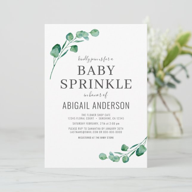 Watercolor Greenery Eucalyptus Baby Sprinkle Invitation (Standing Front)