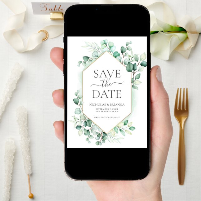 Watercolor Greenery Eucalyptus Elegant Photo Save The Date (Front Digital)