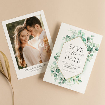 Watercolor Greenery Eucalyptus Elegant Photo Save The Date by PandaBeeCreation at Zazzle