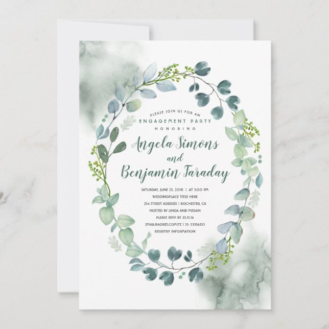 Watercolor Greenery | Eucalyptus Engagement Party Invitation (Front)