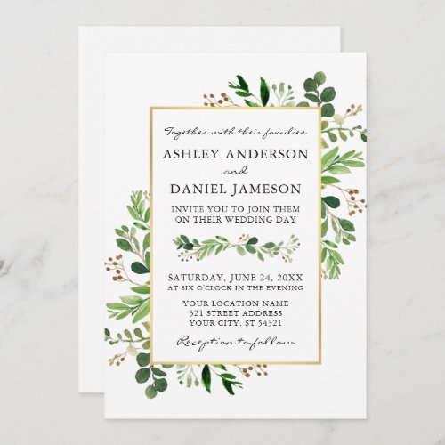 Watercolor Greenery Eucalyptus Gold Photo Wedding Invitation