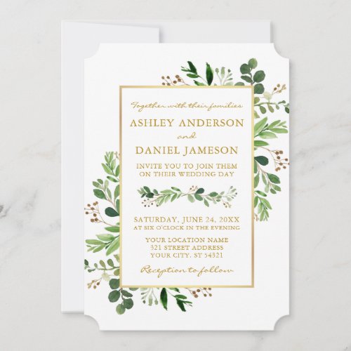 Watercolor Greenery Eucalyptus Gold Wedding Invitation