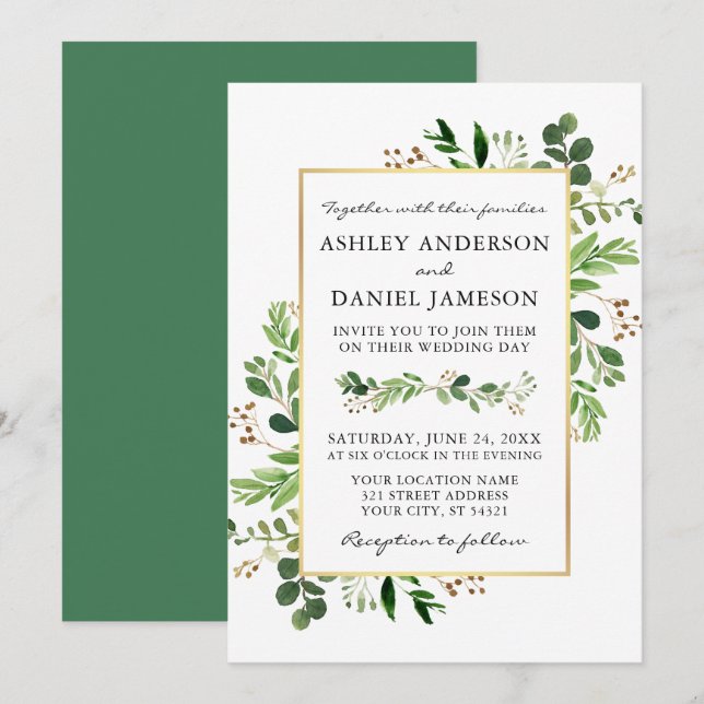 Watercolor Greenery Eucalyptus Gold Wedding Invitation (Front/Back)